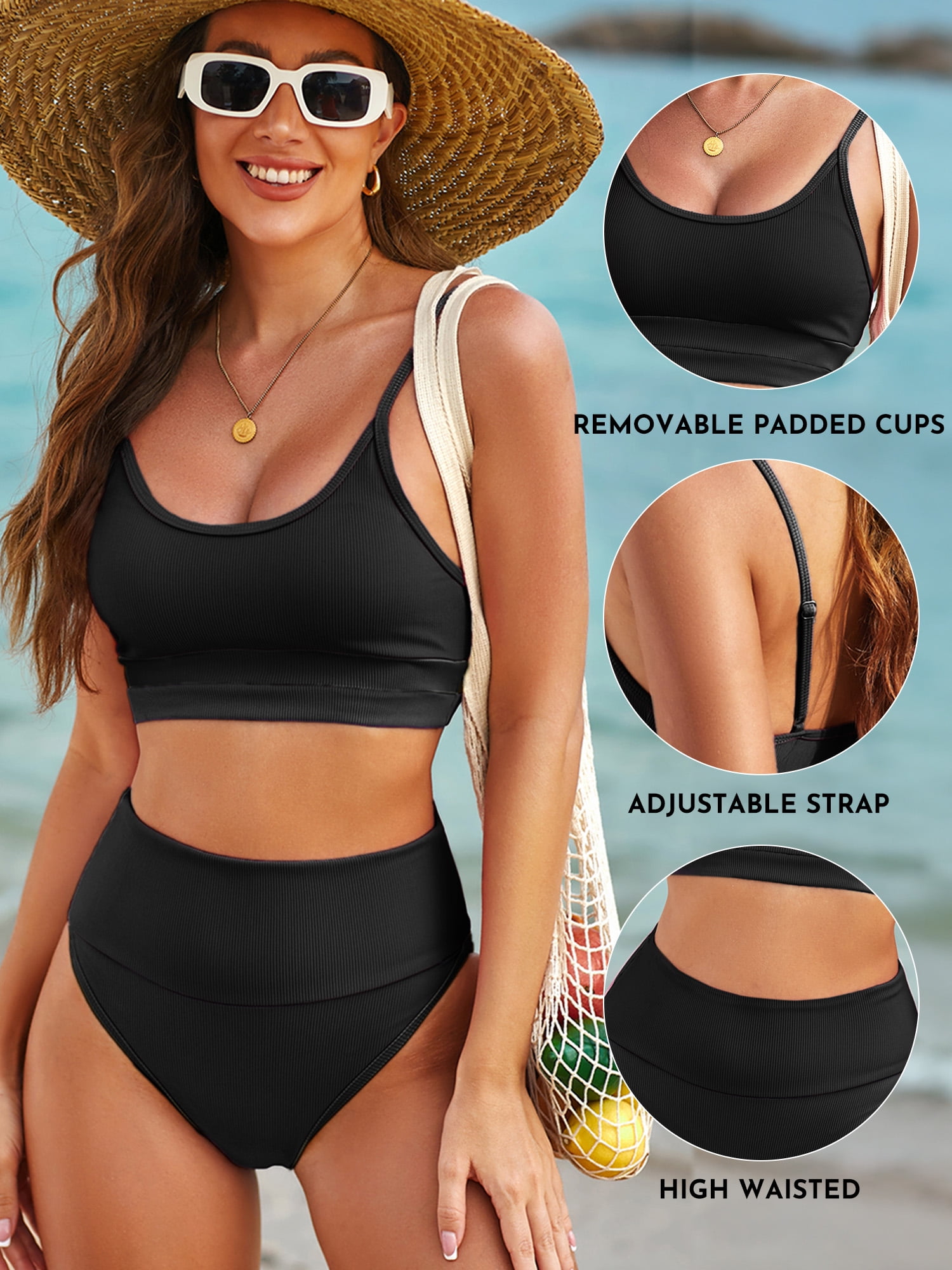 Eytino High Waisted 2 Piece Bikini Set for Women Tummy Control Swimsuit Knit Ribbed Bathing Suit, Black, L
