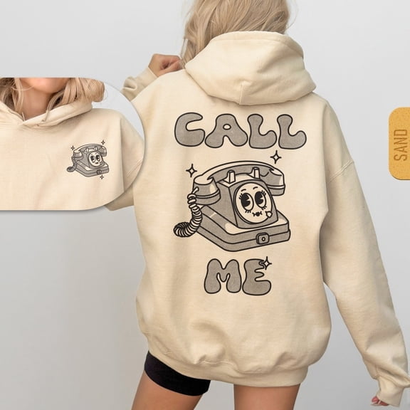 Call Me Hoodie, Funny Retro Cartoon Telephone Hoody, Y2K Cute Hoodie for Women, Trendy 90s 2000s Graphic Pullover Sand