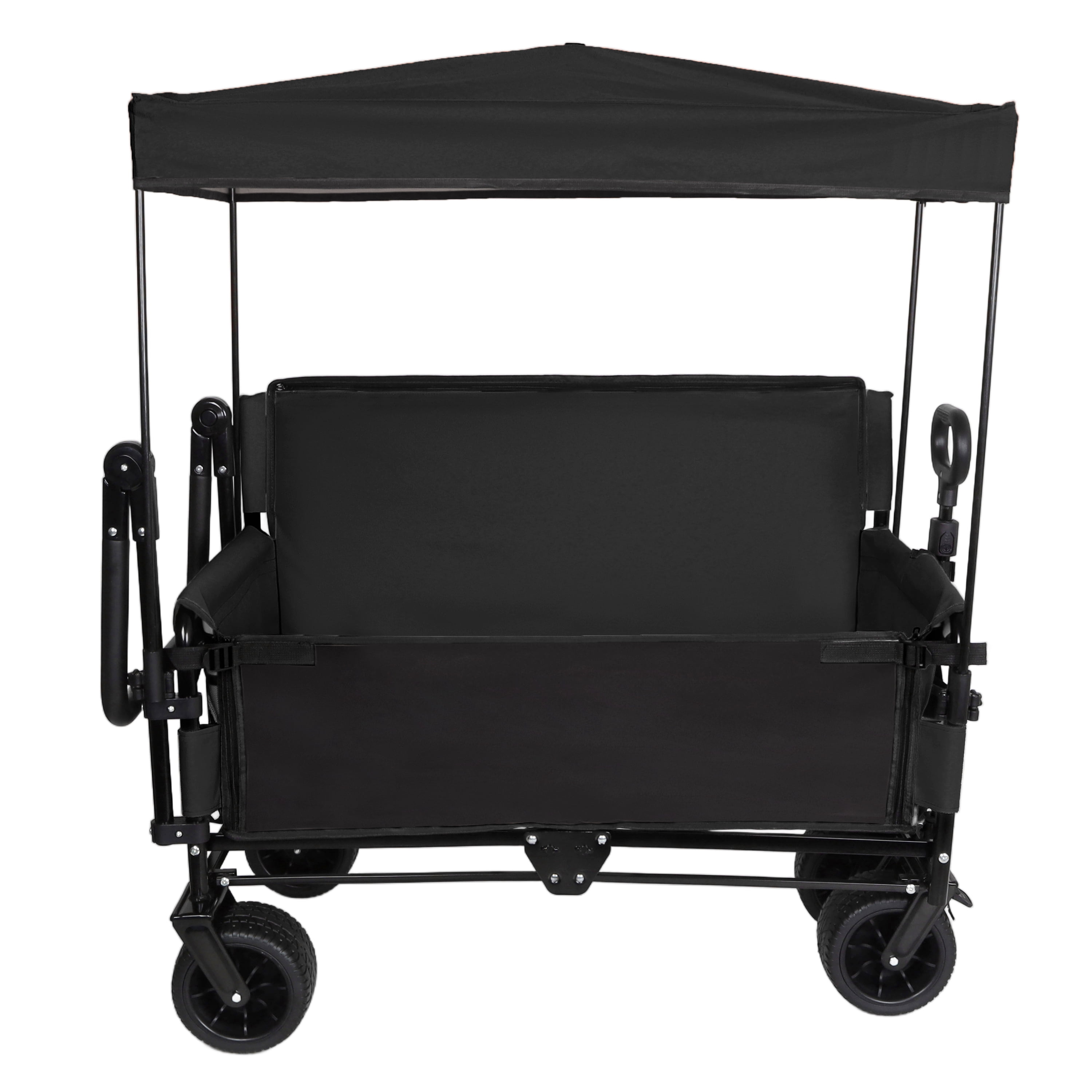 3-in-1 Folding Wagon Cart with Bench Seat & Canopy, 500lbs Heavy-Duty, 180L All-Terrain Utility Wagon for Camping Beach Sports Garden, Black