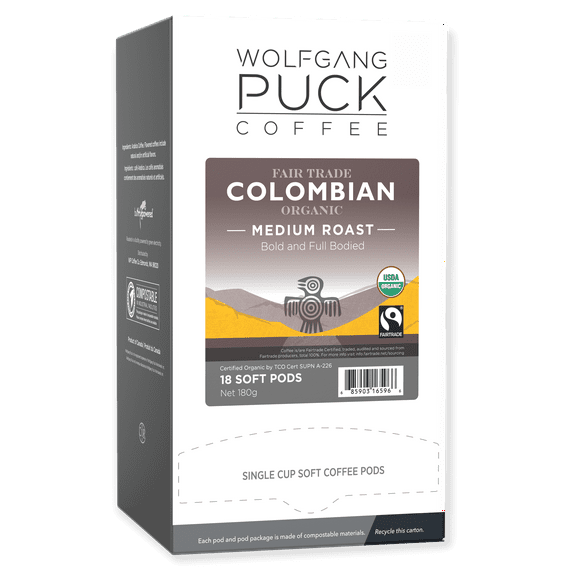 Wolfgang Puck Coffee Soft Pods, Colombian, Organic Fair Trade, Medium Roast,18 count (pack of 6)