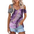 thumbnail image 4 of DeHolifer Women's T-Shirts V-Neck Hollow Out Floral Printed Breathable Short Sleeve Casual Loose Blouse T-Shirts Purple S, 4 of 7