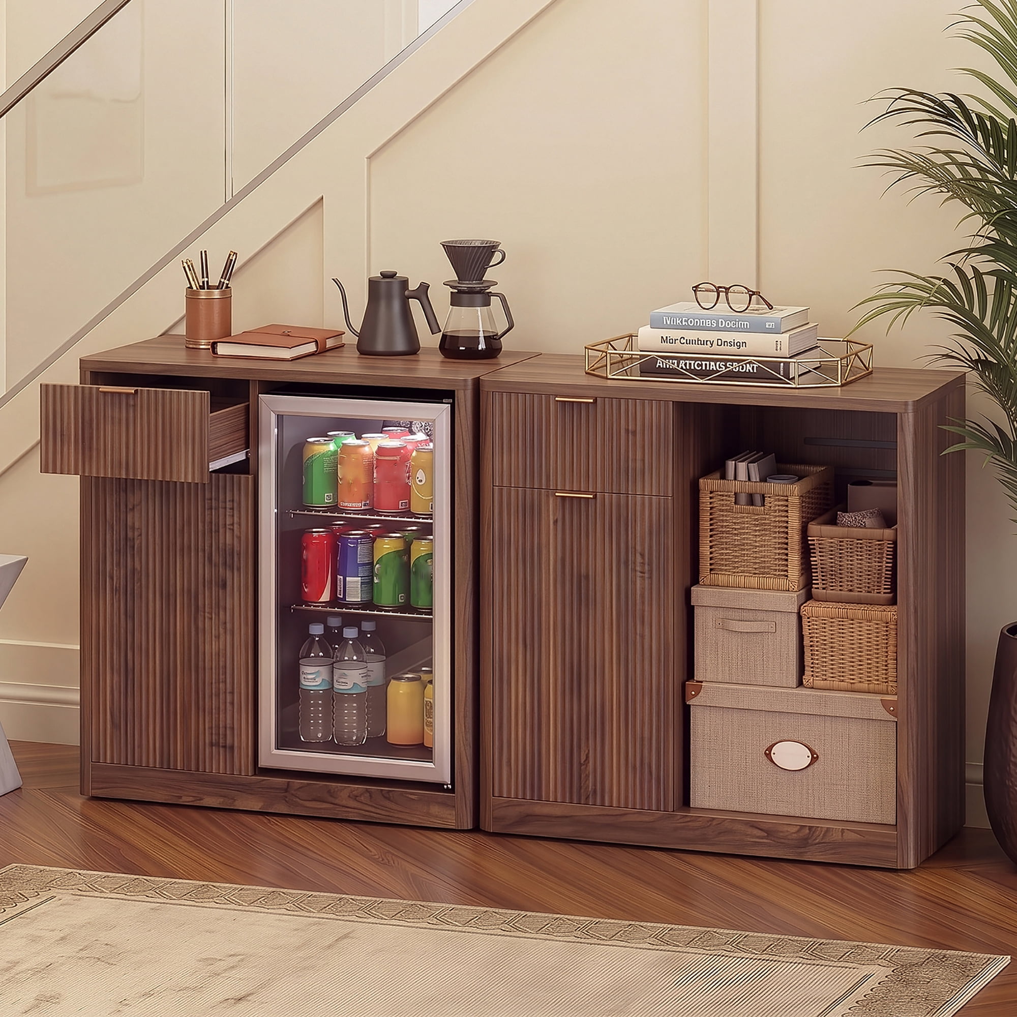 Mintazer 39" Modern Fluted Coffee Bar Cabinet with Fridge Space & Charging Station, Sideboard Beverage Station with Wine Glass Rack & Adjustable Shelves for Dining Room Living Room Apartment, Walnut