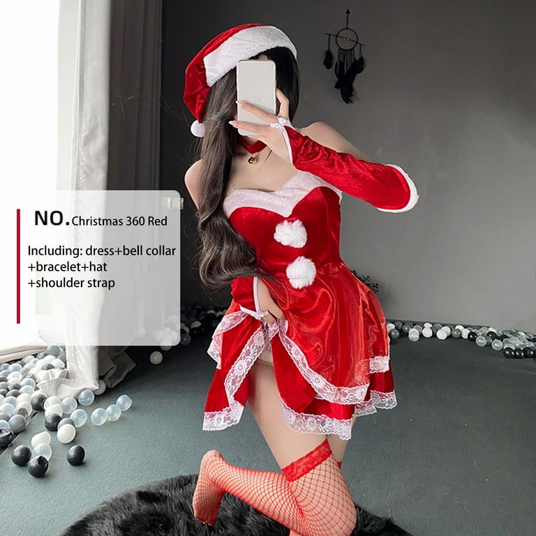 Sexy Christmas Lingerie Set Mrs Santa Claus Cosplay Outfit 3 Piece Red  Velvet Bra Set