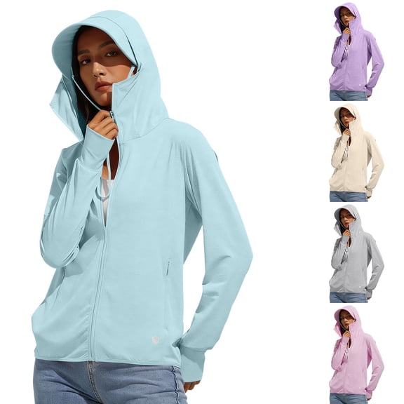 Bovxnpu Women's Sun Protection Jacket Hoodie Clothing Lightweight Sun Cover Up Shirt Hooded Sun Jacket Women's Cool Breathable Long Sleeve Tops