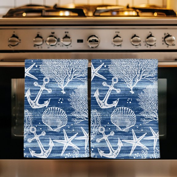 Navy Blue Anchor Nautical Kitchen Towels Set of 1, Coastal Beach Coral Starfish Absorbent Dish Towels for Kitchen, Microfiber Hand Towel, Quick Drying Tea Towel for Cleaning Decorative Dishcloths