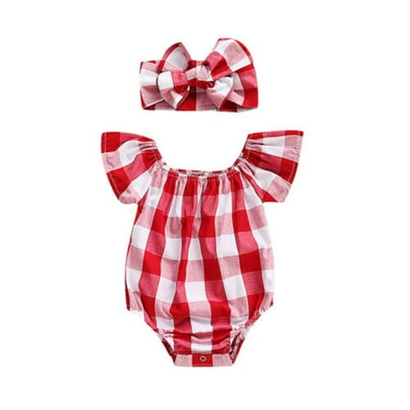 

TFFR Red Plaid Baby Girl Clothes+Headband Sleeveless Cute Toddler Baby Rompers Jumpsuit