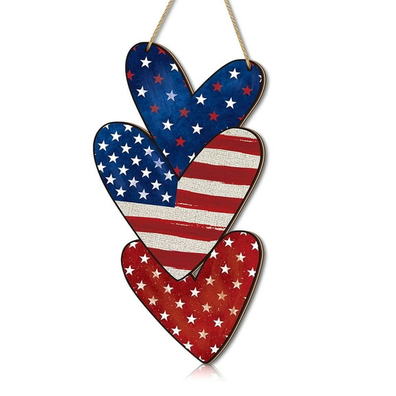 nvzhuang Patriotic Front Door Sign Hanging 4th of July Star Striped Heart Wooden Sign for Wall Porch Farmhouse Decoration