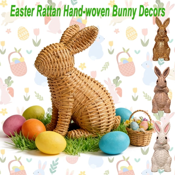 Easter Handwoven Natural Rattan Bunny Basket Decor, Wicker Rabbit Ornament for Easter Spring Decorations, Pastoral Farmhouse Indoor Outdoor Porch Table Centerpiece, HAODEJW, A