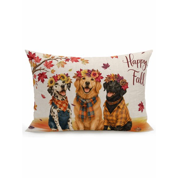 Outdoor Pillows Waterproof, Happy Fall Bedding Throw Pillows with Insert for Couch Sofa Bed, Cute Dogs Maple Branch Thanksgiving Farmhouse 12x20 Inch Pillowcases Decorative Patio Pillow Set of 1