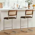 thumbnail image 4 of Natural Rattan Counter Height Stools Set of 4 with Solid Wood Back, 29 Inch Mid Century Modern Cesca Bar Stools, Brown Upholstery Boho Stool for Kitchen Counter with Chrome Metal Legs, 4 of 8