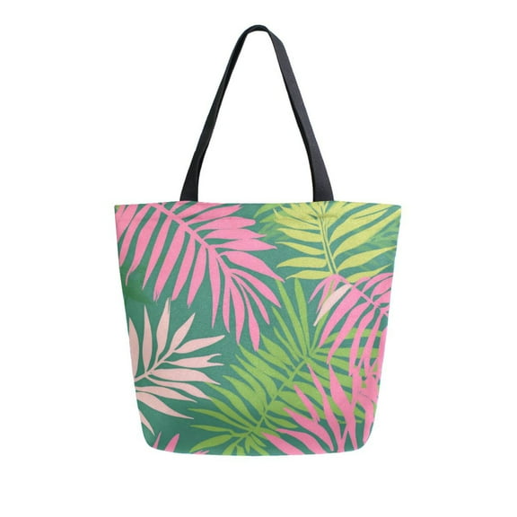 Durable Canvas Tote Bag with Zip Pocket Bags for Woman Shoulder Versatile Carryall for Everyday Use Pink Palm Leaves