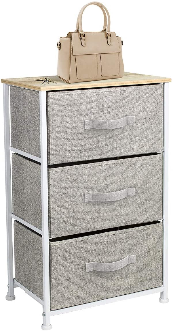 Sorbus Nightstand Storage Tower 3‑Drawer, Fabric Bins, Steel Frame, Wood Top, Beige