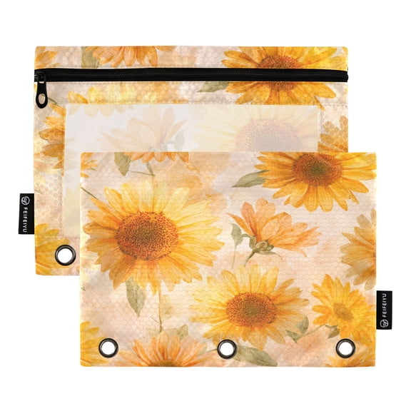 2 Pack 3 Ring Binder Pouch with Clear PVC Window Water Resistant Zipper Pencil Pouch Pastel-toned Sunflowers Pattern Binder Pocket for Classroom Office Home Stationery Organization