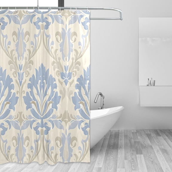 Flower Pattern in Light Blue and Beige Shower Curtains with 12 Hooks Waterproof Bathroom Decor 66" x 72"