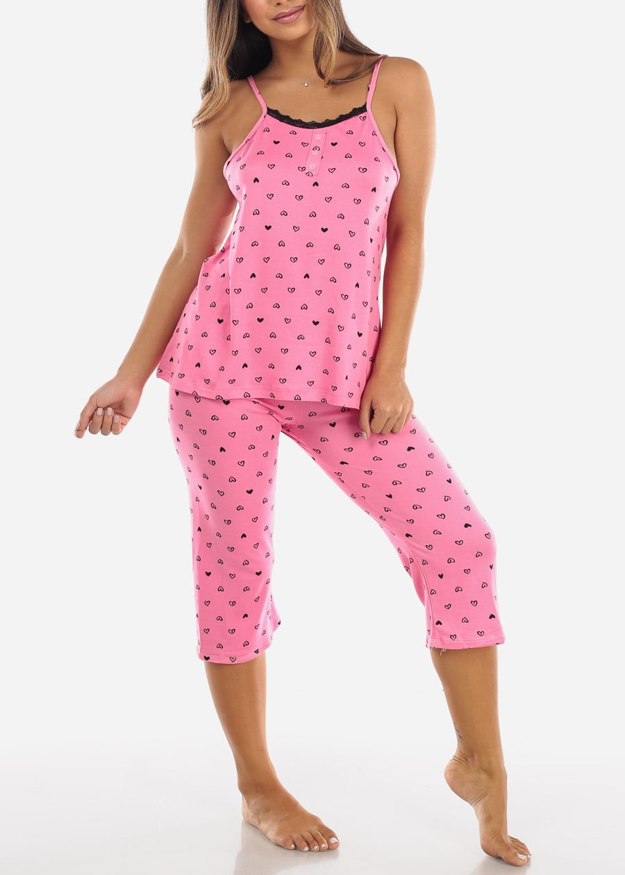 Moda Xpress Womens Sleeveless 2Piece Pajama Pink Printed Tank Cami Top And Bermuda Shorts