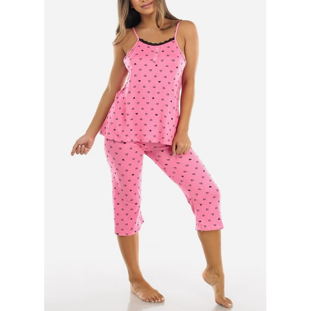 Moda Xpress Womens Sleeveless 2Piece Pajama Pink Printed Tank Cami Top And Bermuda Shorts