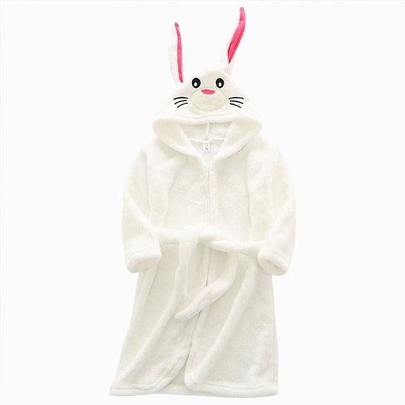 Gibobby Toddler Kids Soft Flannel Bathrobe,Thickened Warm Hooded Sleep Robe with Waist Tie,Plush Cozy Loungewear for Fall Winter for Boys Girls 2-12T Toddler Pajamas,White,Size 13-14T