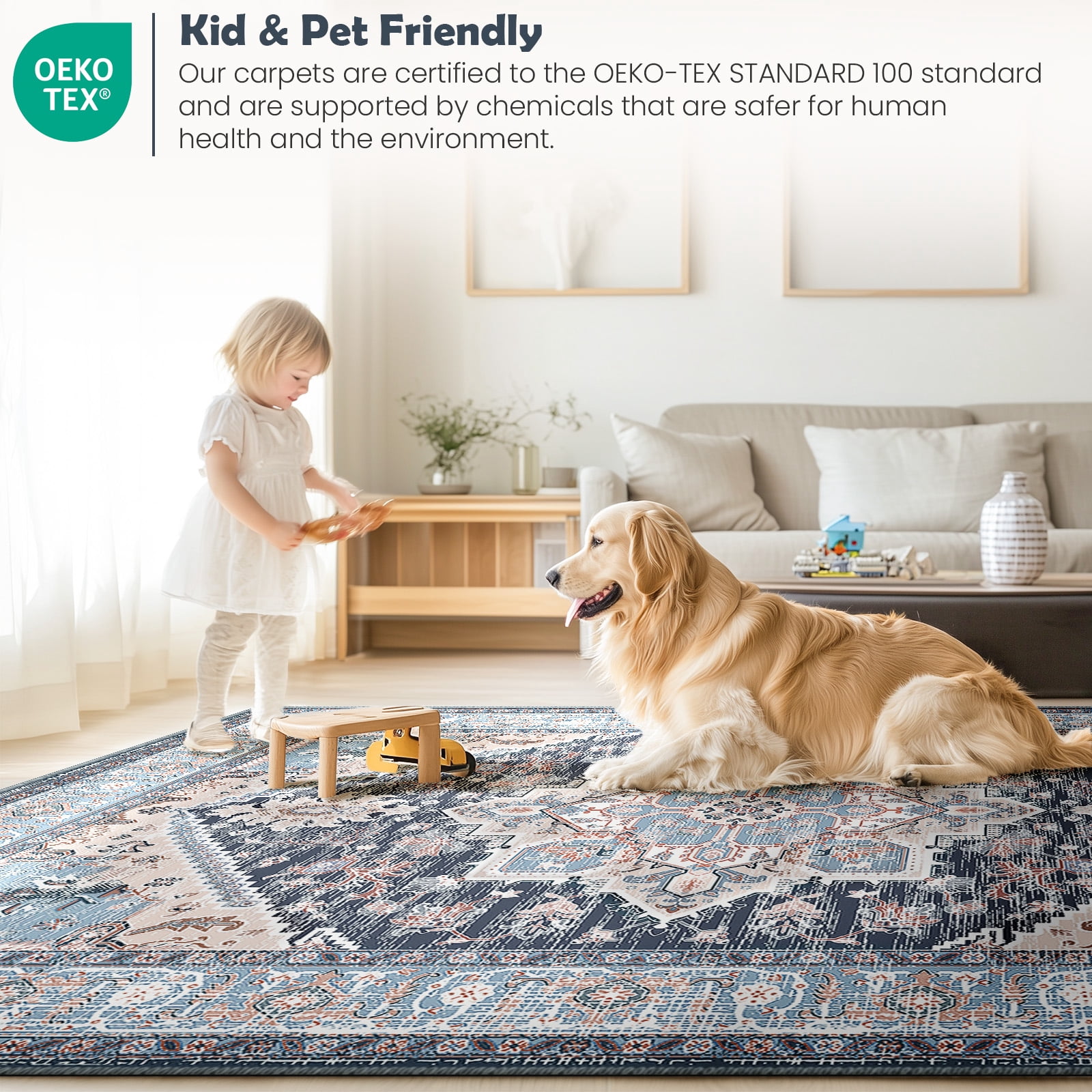 8'x10' Area Rugs, Machine Washable Non Slip Area Rug for Living Room, Soft Low Pile Vintage Print Pattern Indoor Bedroom Thin Carpet, Navy Blue