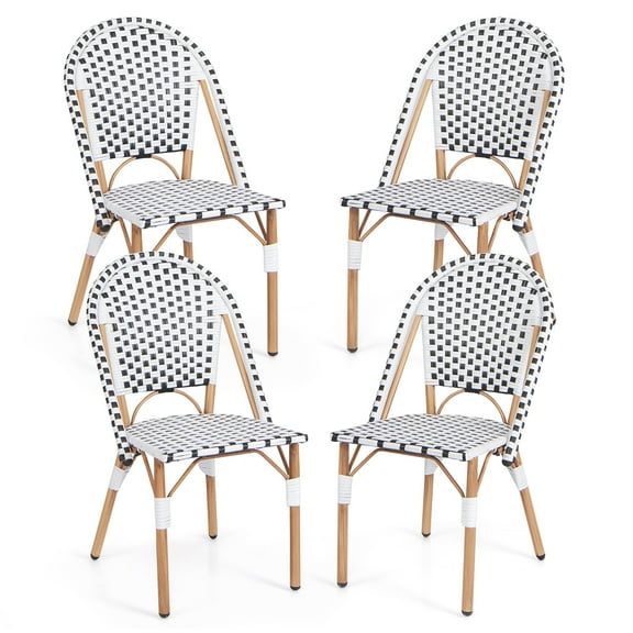 Gymax French Bistro Chair Set of 4 w/ Hand-woven Rattan Galvanized Metal Frame Outdoor