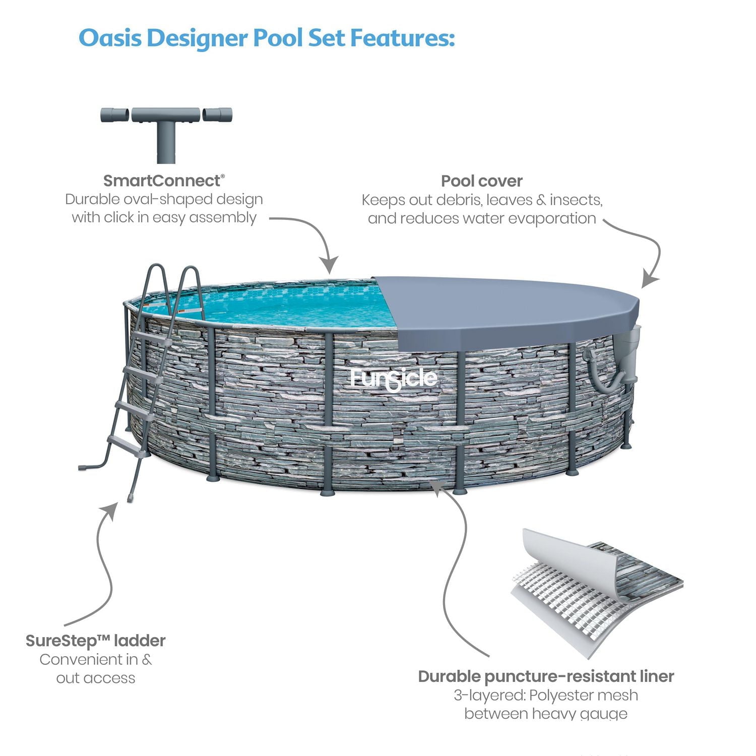 Piscine hors terre Funsicle Oasis Designer de 4,88 m x 1,22 m, structure métallique, pompe de filtration et écumeur 2 en 1, à partir de 6 ans