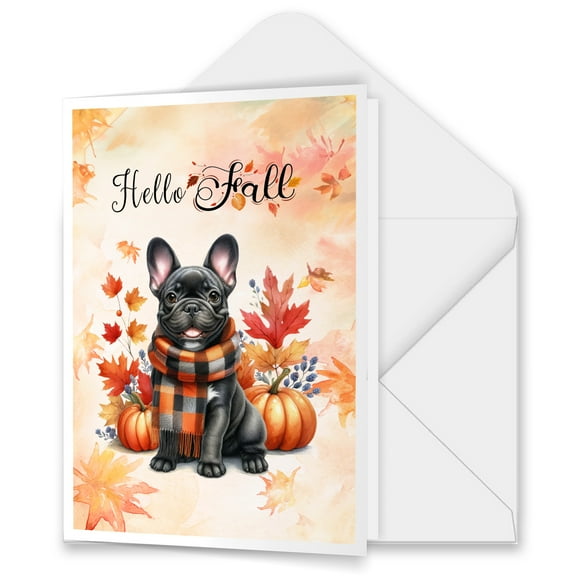 Hello Fall French Bulldog Scarf Welcome Autumn with Leaves Pumpkins 5x7in Folded Greeting Card Dog Lover Gifts Single Note Card with Envelope - 00011