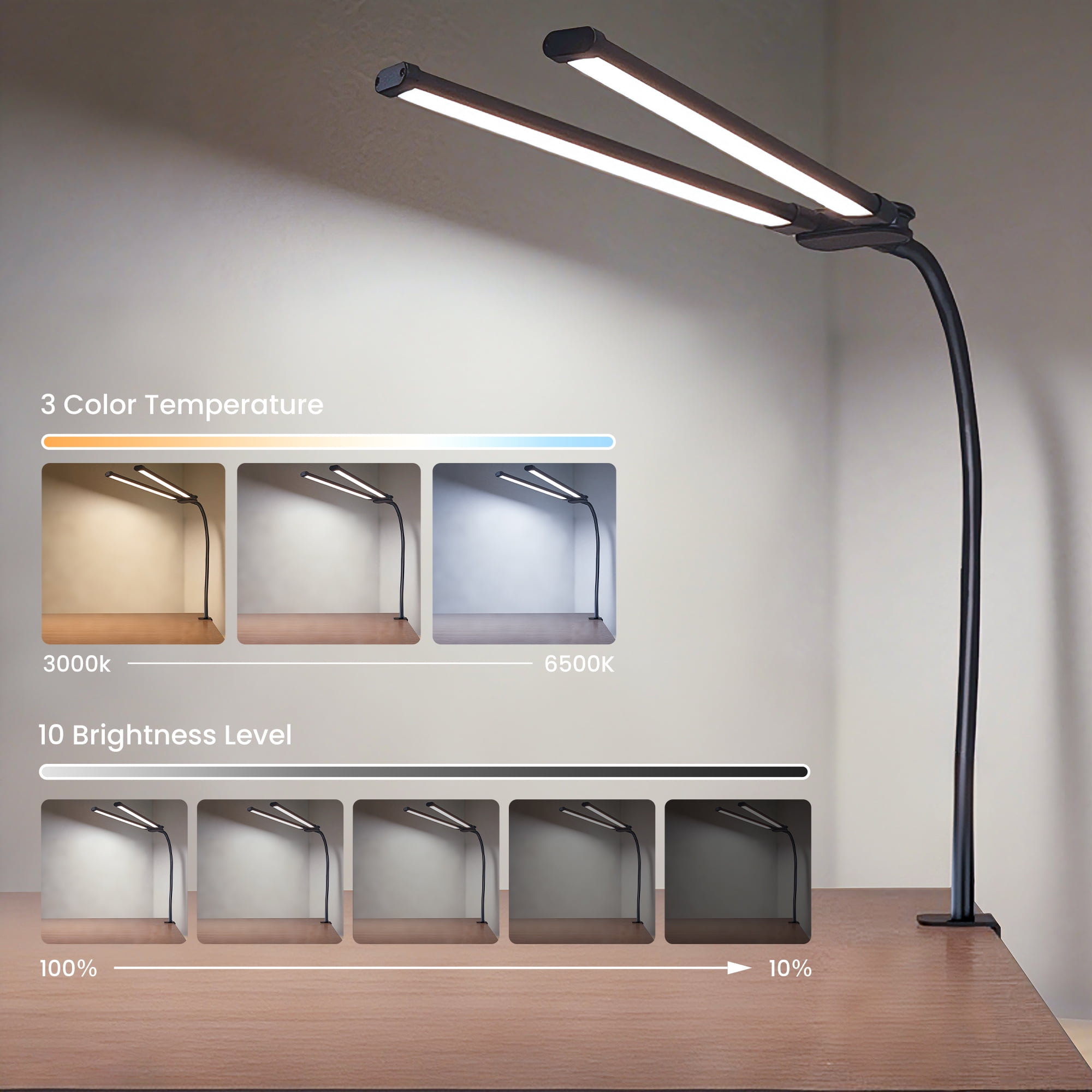 GUPUP LED Clip-on Desk Lamp, Eye Caring Dimmable Reading Light, Usb Power Adjustable Table Light for Home, Office, Dorm, Bedside, Kids Study