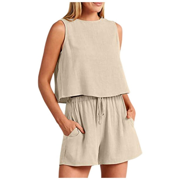 Conjunto de dos piezas de pantalones cortos holgados de cintura alta sin mangas en color liso para mujer, ideal para la primavera y el verano: elegante, transpirable y fácil de combinar.