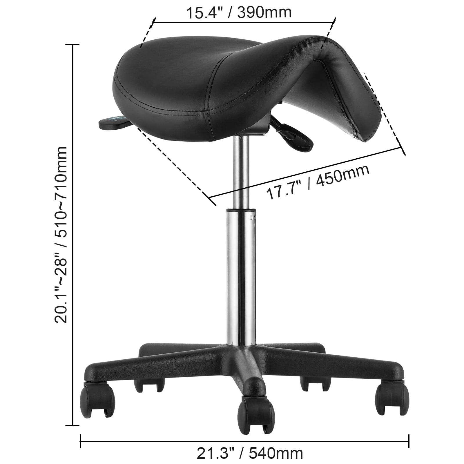 KFFKFF Saddle Stool with Wheels, Height Adjustable Thickened PU Leather Swivel Saddle Stools Chair for Salon, Spa, Tattoo, Clinic, 400 LBS Weight Capacity Ergonomic Rolling Saddle Stool, Black