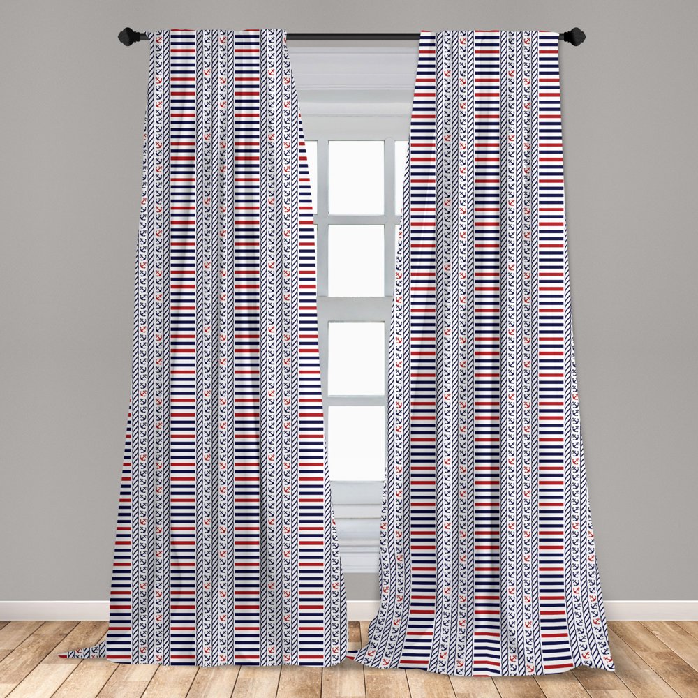 Nautical Curtains 2 Panels Set, Marine Pattern with Stripes Anchors