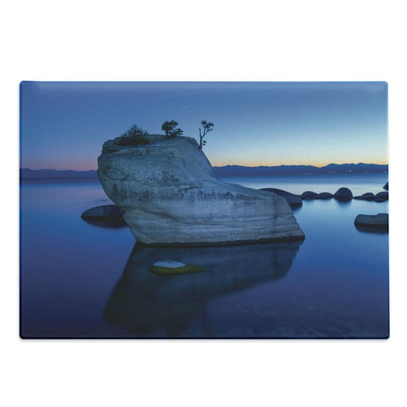 Lake Theme Cutting Board, Monochrome Bonsai Rock Tahoe Setting Waters Rock Formations, Decorative Tempered Glass Cutting and Serving Board, in 3 Sizes, by Ambesonne