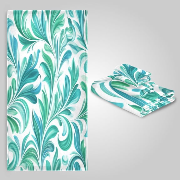 3 Sizes Towel Set - Bath Towel, Hand Towel & Washcloth for Daily Household Use Teal Swirl Damask Pattern