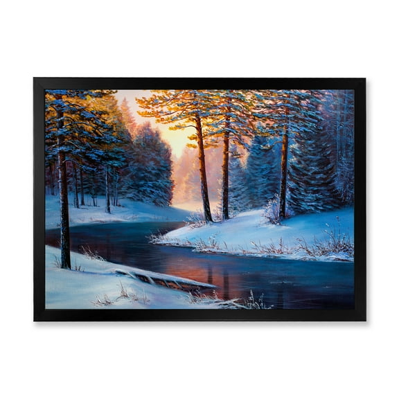 Designart 'Morning Glow Through The Christmas Forest By The River' Lake House Framed Art Print