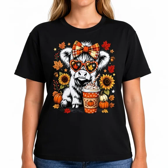 Women's Highland Cow Fall Graphic T-Shirt, Sunflower Pumpkin Spice Cotton Crew Neck Casual Tee