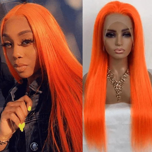 Peluca frontal de encaje liso color naranja claro, cabello largo y liso naranja, encaje pequeño, fibra sintética, cobertura total de 26 pulgadas, crema lisa y aclarante.