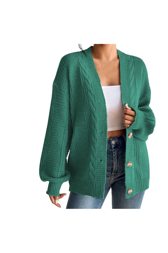 Women's Cable Knit Cardigan Long Sleeve Button Up V Neck Sweater Jacket Loose Fit Oversized Pullover Tops Fall Winter Warm Knitwear Coat Green L