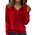 thumbnail image 2 of Women's V-Neck Button Detail Knit Sweater, Loose Fit Long Sleeve Pullover with Slimming Effect, Plus Size Soft Blouse for Layering and Outer Wear, 2025 Casual Comfortable Daily Top Red S, 2 of 7