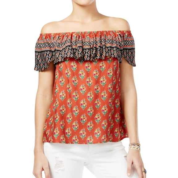 American Rag Womens Printed Off-The-Shoulder Pullover Blouse, Red, Small