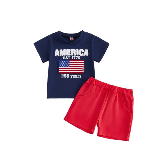 BemeyourBBs Toddler Baby Boys 4th of July Outfit Patriot 250 Years Anniversary Independent Day Outfit Short Sleeve Letters Flag Embroidery T-shirt and Pockets Shorts Set Toddler Boys Summer Clothes