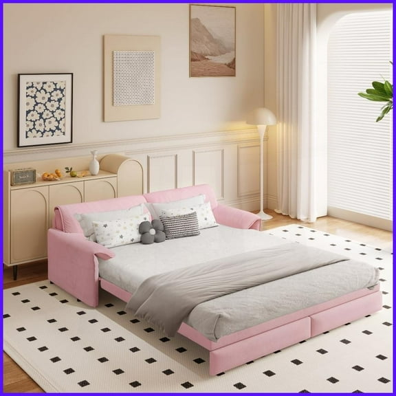 66" Queen Size Velvet 3-in-1 Convertible Sleeper Sofa Bed with Side Storage & Wheels for Living Room, Bedroom, Apartment