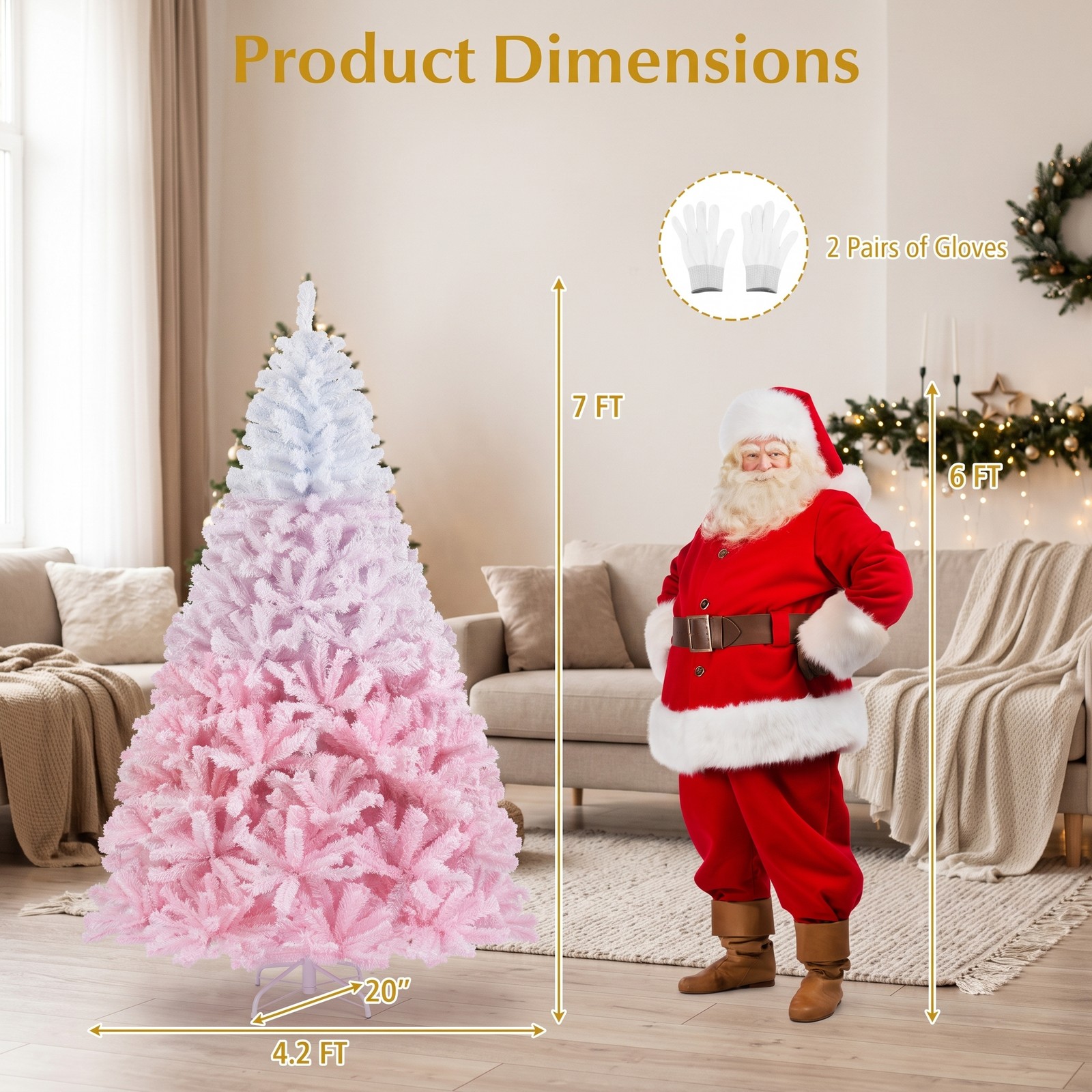 RUIE 7FT Artificial Christmas Tree, Pre-Assembled Hinged Pine Holiday Tree with 1264 Flocked Branch Tips and Folding Metal Stand, Snow Gradient Flocked, White & Pink