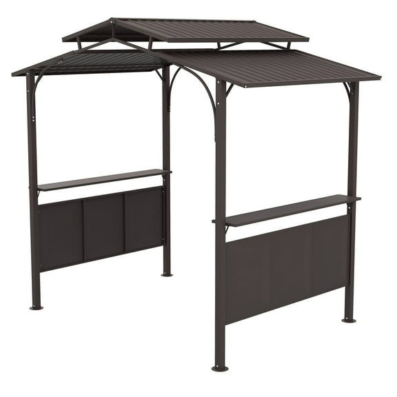 BBQ Grill Gazebo 8'x5' - Outdoor Hardtop Canopy w/ Steel Frame & Side Shelves - Brown