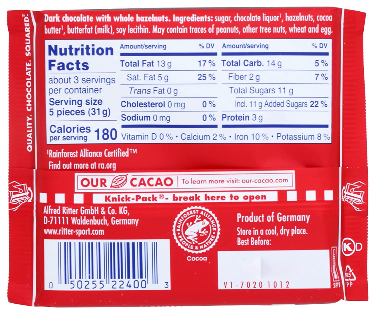 Pack of 10, Ritter Sport Dark Chocolate with Whole Hazelnuts, 3.5 oz