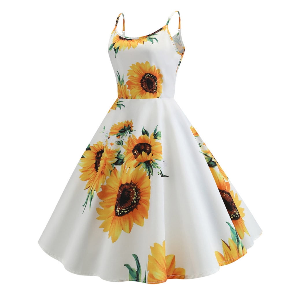 Womens Summer Sleeveless Vintage Dress,Ladies Sunflower Printed Evening Party Prom Swing Dress 