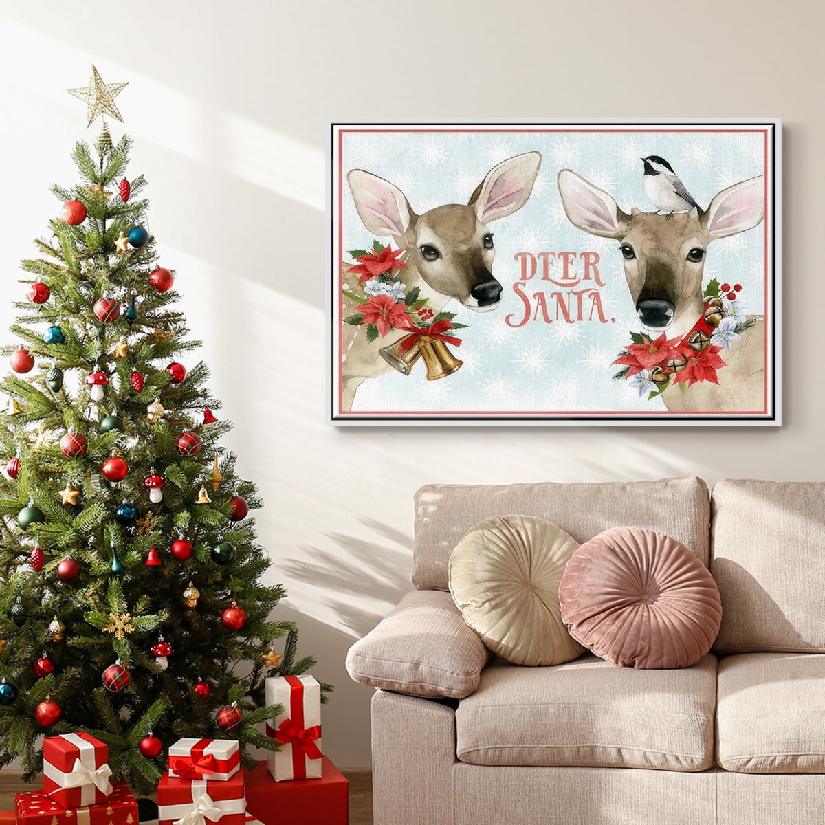 Deer Christmas Collection A - Framed Gallery Wrapped Holiday Canvas - 25 x 37 - White Frame