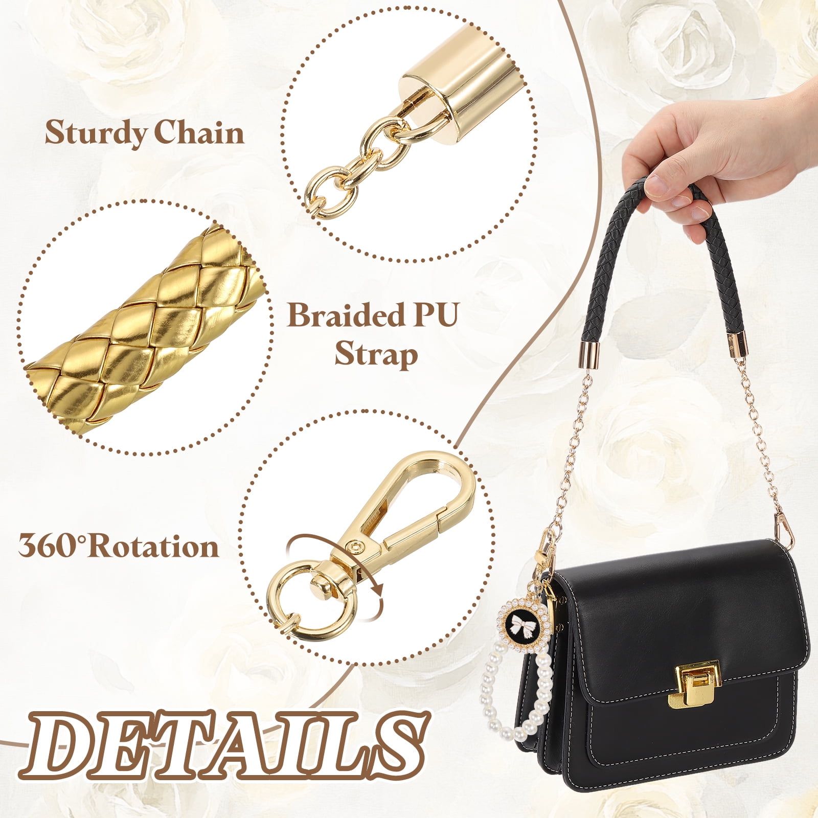 Uxcell 2 Pcs PU Leather Chain Purse Strap, 23.6 Inch Braided Purse Handles Replacement Strap with Pearl Pendant for Tote Bag Handbag Underarm Bag (Gold, Light Gold Chain)
