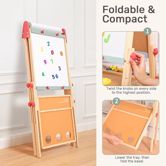 3-in-1 Art Easel for Kids – Sturdy Pine Wood Easel with Magnetic Whiteboard, Chalkboard & 400" Paper Roll, Foldable Adjustable Heights for Ages 2-12, Complete Tool-Free Art Station