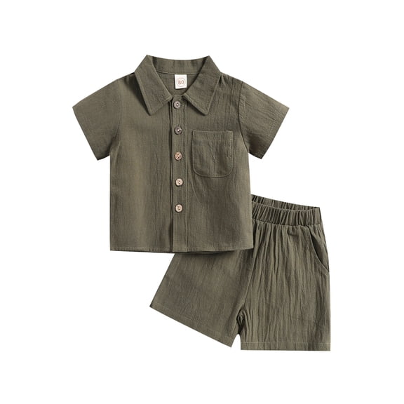 Springcmy Toddler Kids Baby Boys Cotton Linen Clothes Set Short Sleeve Button Down Shirt Top and Shorts 2Pcs Summer Outfit Army Green 3-4 Years