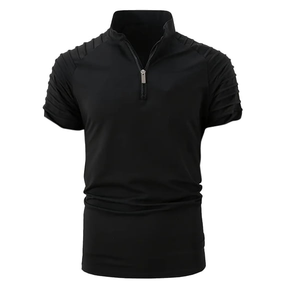 Dagegui Men's Pleated Short Sleeve T-Shirts Black Stand Collar Shirt Lightweight Workout Muscle Gym Tops Summer 1/4 Zipper Tshirt S
