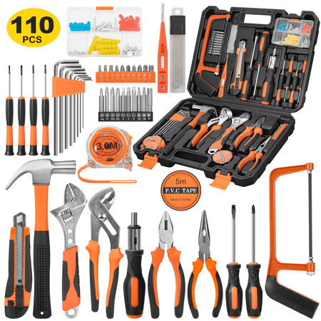 110 PCS Household Hand Tool Set - Home Basic Repair Tool Kit with Case, Hammer, Pliers, Screwdrivers, Adjustable Wrench and Voltage Tester for Men Women Home Maintenance and DIY Projects