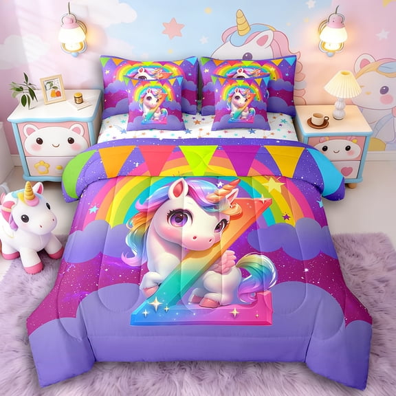 Manfei Kawaii Unicorn 7-Piece Twin Bedding Sets,Personalized Initial Bedding Comforter Set,Gradient Rainbow Breathable Sheet Sets,Super Cozy Animal Room Decorative,Reversible